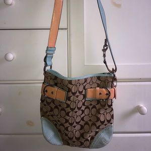 Light blue/tan/brown Coach purse w/ long strap